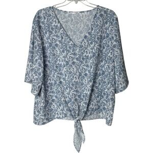 Bluetime Blue/White Floral Textured Blouse V-Neck Kimono Sleeve Womens 2XL
